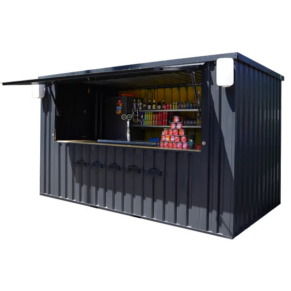 Durable 4×2 XL Meter Shipping Container Bar – Black RAL 9005 with Folding Canopy image 1